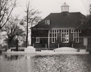 Model of the building on the South Bank, floating on the pond in Goudhurst as part of the Festival of Britain celebrations